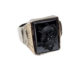 Antique 10K Gold & Sterling Silver Ring Hematite Intaglio Trojan Soldier…